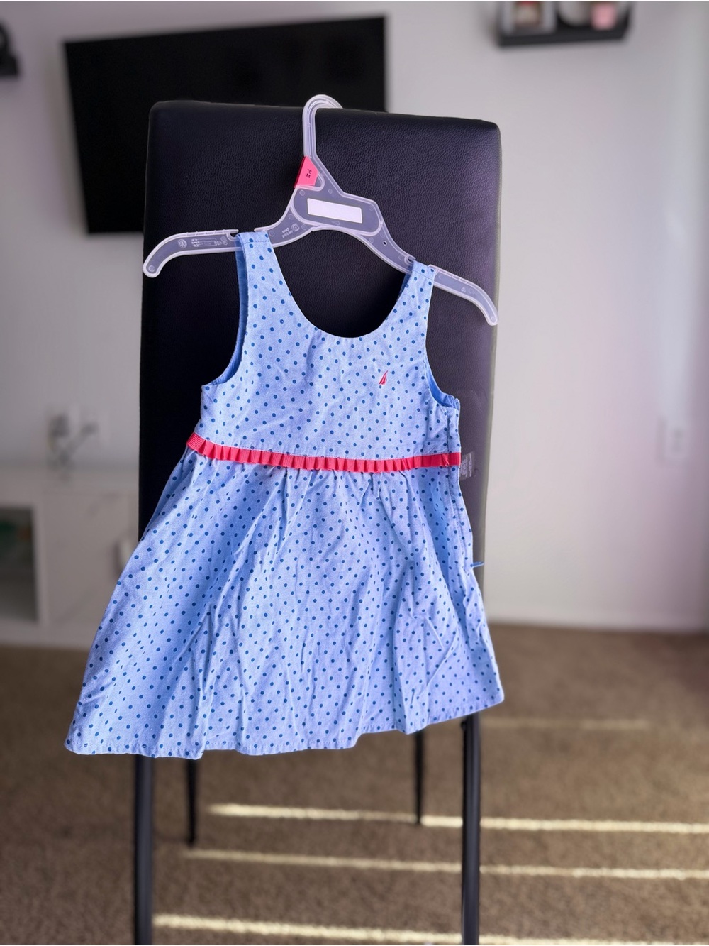 Light Blue Polka Dot Girl's Dress with Pink Waist Trim